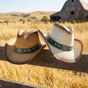 Butterfly Concho Turquoise Distressed Western Straw Cowboy Hat